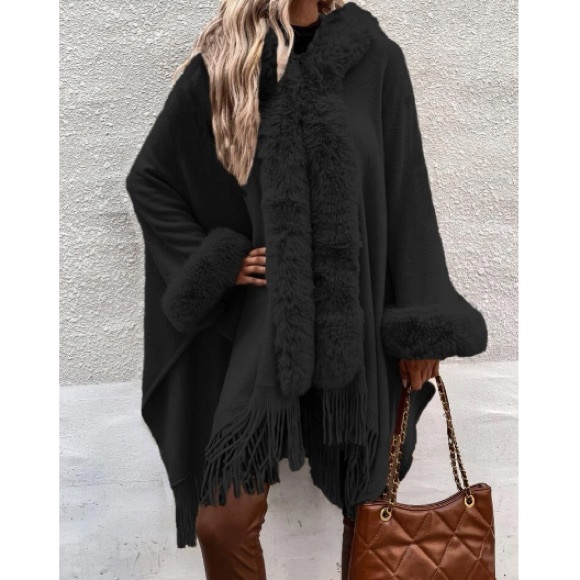 Cozy vegan fur dolman sleeve tssel poncho shawl scarf wrap cardigan - Picture 10 of 16